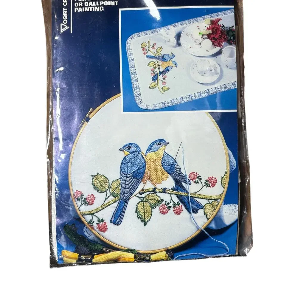 American Vtg Embroidery Kit- unused Vogart Brand Scarf-Blue Birds- hoop included